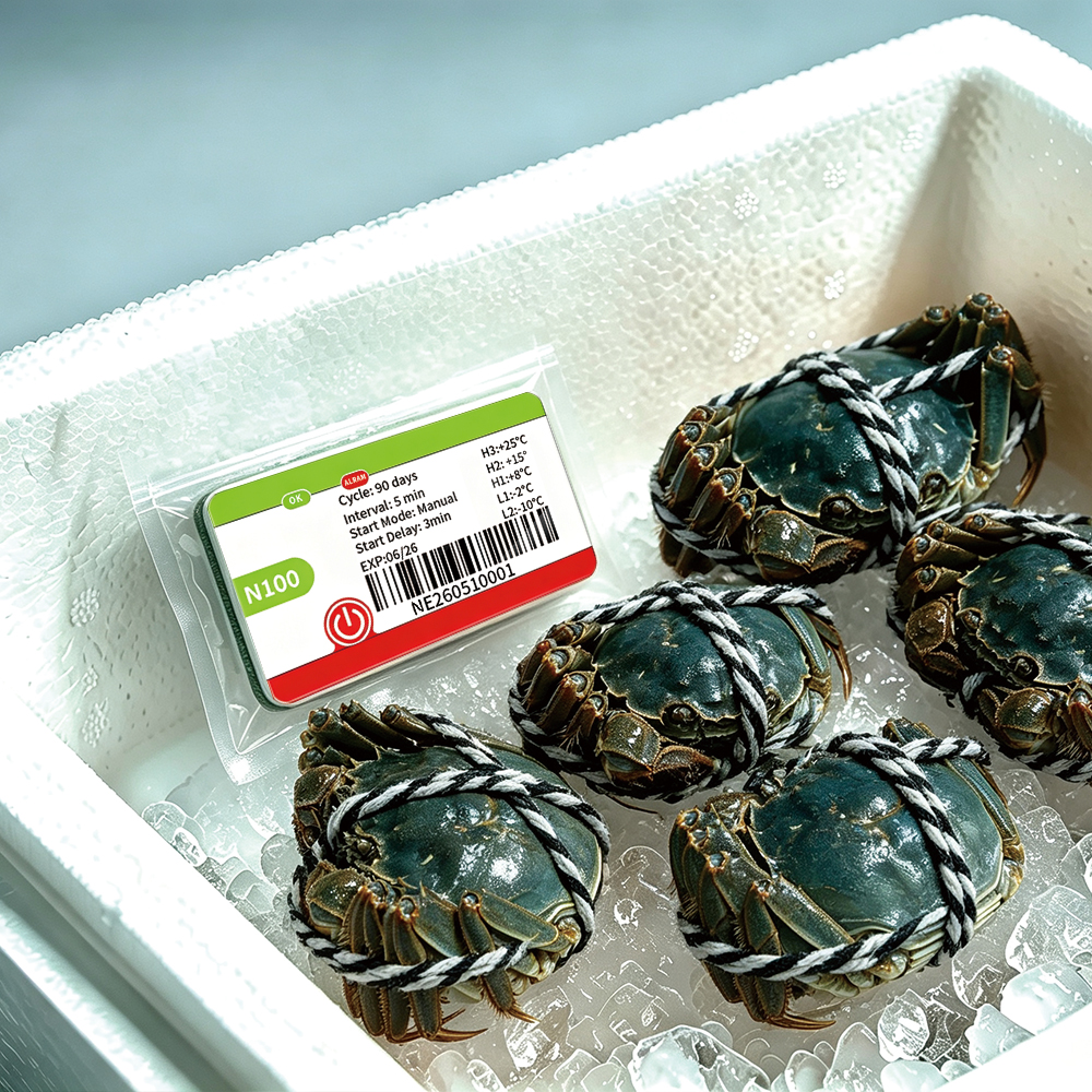 N100 logger monitoring fresh seafood in cold-chain packaging