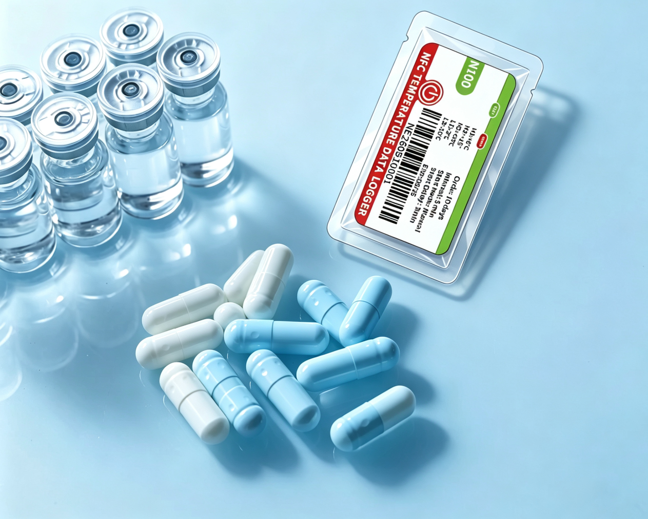 N100 logger beside pharmaceutical vials and capsules